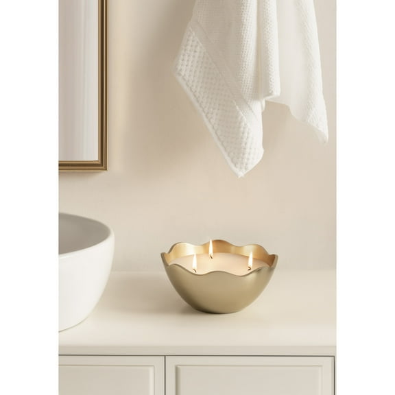 Kate and Laurel Alessia Scalloped Round Metal Candle Bowl, 8 Inch Diameter, Gold, Modern Three-Wick Unscented Candle with Decorative Bowl for Living Room Decor