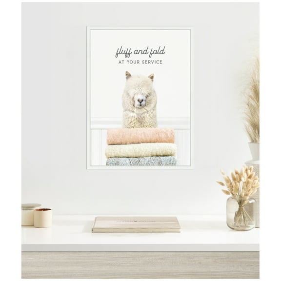 Kate and Laurel Alpaca Fluff and Fold Framed Canvas Wall Art by Amy Peterson 18 x 24 Sylvie White, Whimsical, Animals, Humor Art for Wall Decor, Living Room, Bedroom