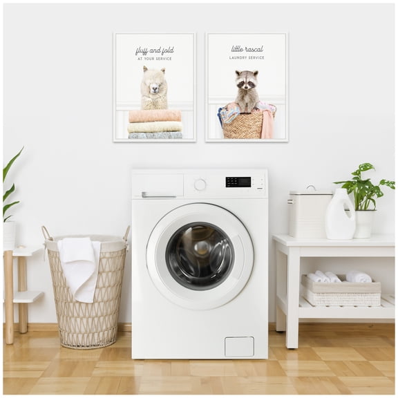 Kate and Laurel Alpaca Fluff Fold and Racoon Little Rascal Laundry Set of 2 18x24 Framed Canvas Wall Art Set  by Amy Peterson, Sylvie White, Whimsical, Animals, Humor, Animals, Laundry Art for Wall