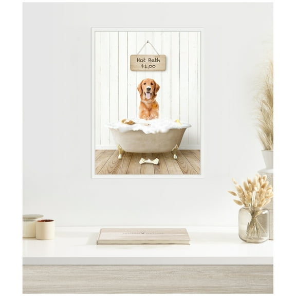 Kate and Laurel Amber Retriever in Farmhouse Hot Bath Framed Canvas Wall Art by Amy Peterson 18 x 24 Sylvie White, Whimsical, Animals, Humor Art for Wall Decor, Living Room, Bedroom