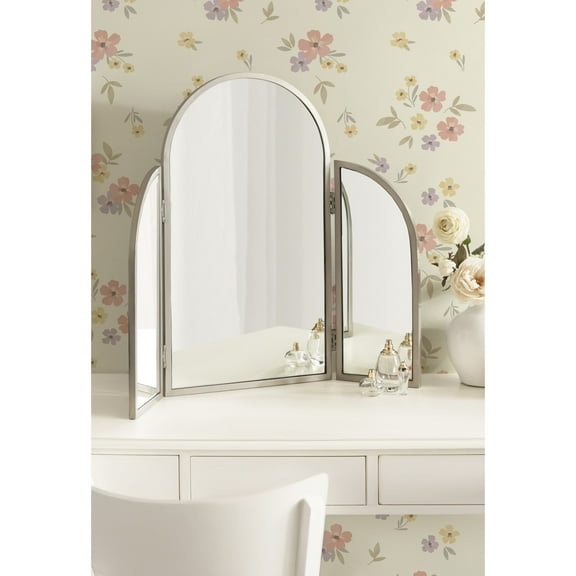 Kate and Laurel Amoli Modern Arched Tri-Fold Mirror, 28 x 28, Silver, Decorative Three-Piece Folding Arch Mirror for Tabletop Makeup Station or Bathroom Vanity Setup
