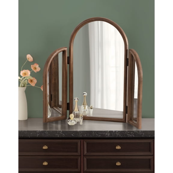 Kate and Laurel Amoli Modern Mango Wood Arched Tri Fold Mirror, 32 x 28, Walnut Brown, Decorative Three-Piece Folding Arch Mirror for Tabletop Makeup Station or Bathroom Vanity Setup