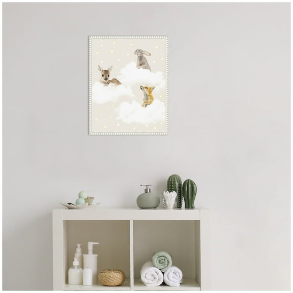 Kate and Laurel Animal Clouds Framed Canvas Wall Art  by July Art Prints 16 x 20 Sylvie Beaded White, Whimsical, Animals Art for Wall Decor, Living Room Bedroom