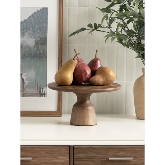 Kate and Laurel Anjana Modern Round Mango Wood Cake Stand, 11 Inch Diameter, Walnut Brown, Transitional Wooden Pedestal Tray for Use as Kitchen Counter Display or Entryway Catchall Tray Decor