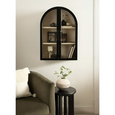 Kate and Laurel Arcott Modern Arch Wall Cabinet, 21 x 8 x 30, Natural Wood and Black, Transitional Arched Cabinet for Use as Over-the-Toilet Storage or Living Room Storage Cabinet