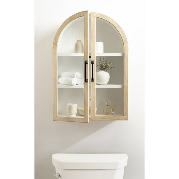 Kate and Laurel Arcott Modern Arch Wall Cabinet, 21 x 8 x 30, Natural Wood and White, Transitional Arched Cabinet for Use as Over-the-Toilet Storage or Living Room Storage Cabinet