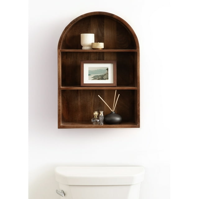 Kate and Laurel Arcott Modern Arched Wall Shelf, 18 x 26, Walnut Brown, Transitional Arch Wall Shelves for Over-the-Toilet Storage or Entryway Storage Shelf