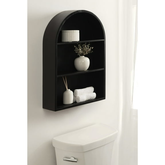 Kate and Laurel Arcott Modern Wooden Arched Wall Shelf, 18 x 26, Black, Transitional Mango Wood Arch Wall Shelves for Over-the-Toilet Storage or Entryway Storage Shelf