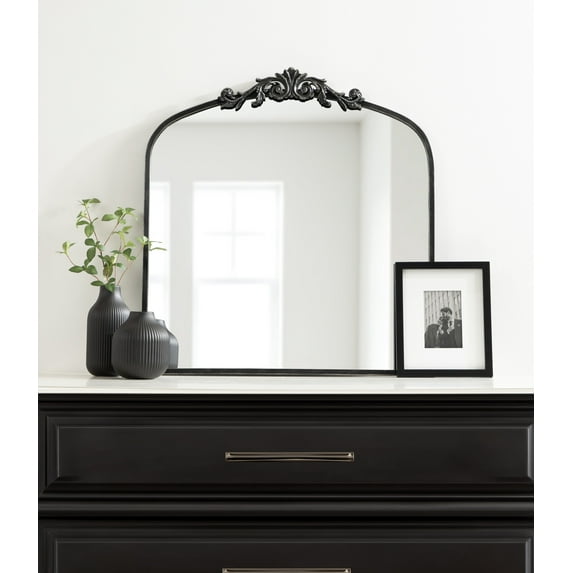 Kate and Laurel Arendahl Ornate Traditional Square Arched Mirror, 28 x 30, Antique Black, Decorative Baroque Style Arch Vintage Mirror with Wide Frame and Ornamental Crown