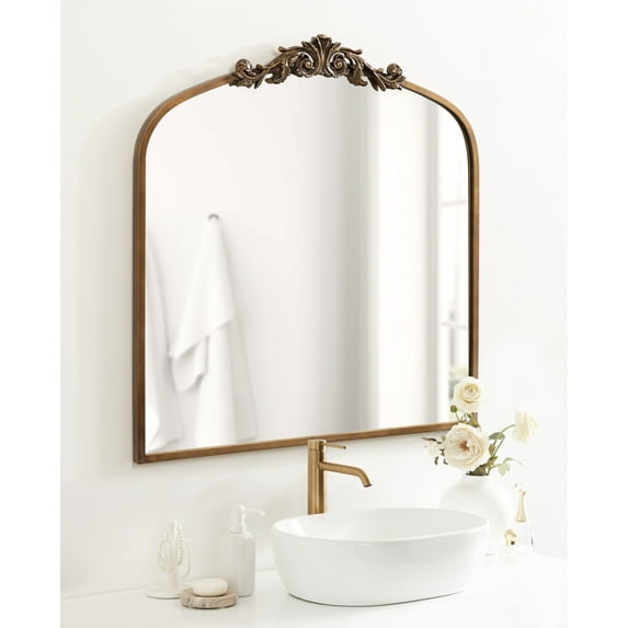 Kate and Laurel Arendahl Ornate Traditional Square Arched Mirror, 28 x 30, Antique Gold, Decorative Baroque Style Arch Vintage Mirror with Wide Frame and Ornamental Crown