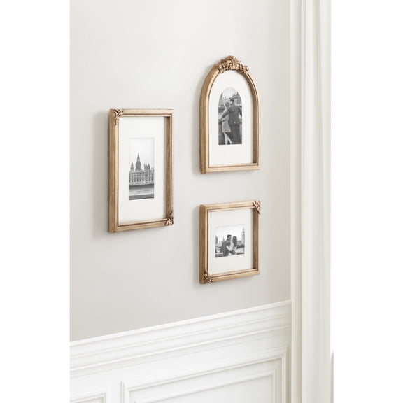 Kate and Laurel Arendahl Three-Piece Picture Frame Set, Antique Gold, Set of 3, Varying Sizes, Vintage Rectangle and Arched Photo Frame Set for Use as Gallery Wall Frames