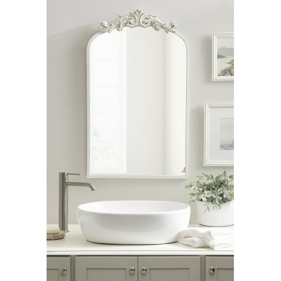 Kate And Laurel Arendahl Traditional Arch Wall Mirror, 19 x 31, Antique White, Vintage Glam Baroque-Inspired Arched Bathroom Vanity Mirror with Ornate Crown