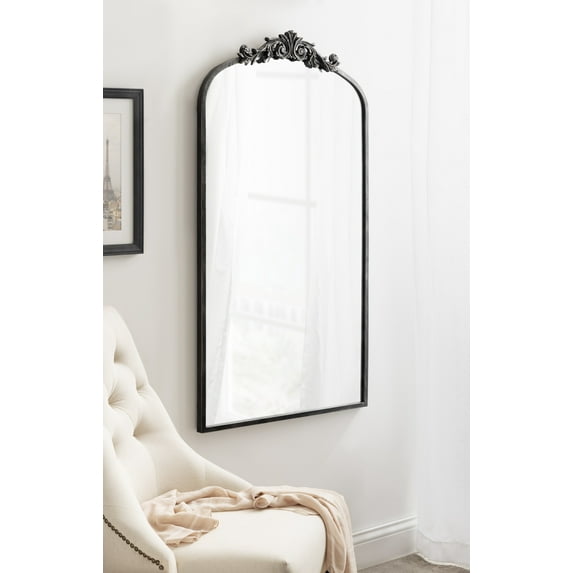 Kate and Laurel Arendahl Vintage Glam Arched Tall Panel Mirror, 24 x 42, Antique Black, Traditional Baroque Large Body Wall Mirror with Ornate Garland Inspired Crown