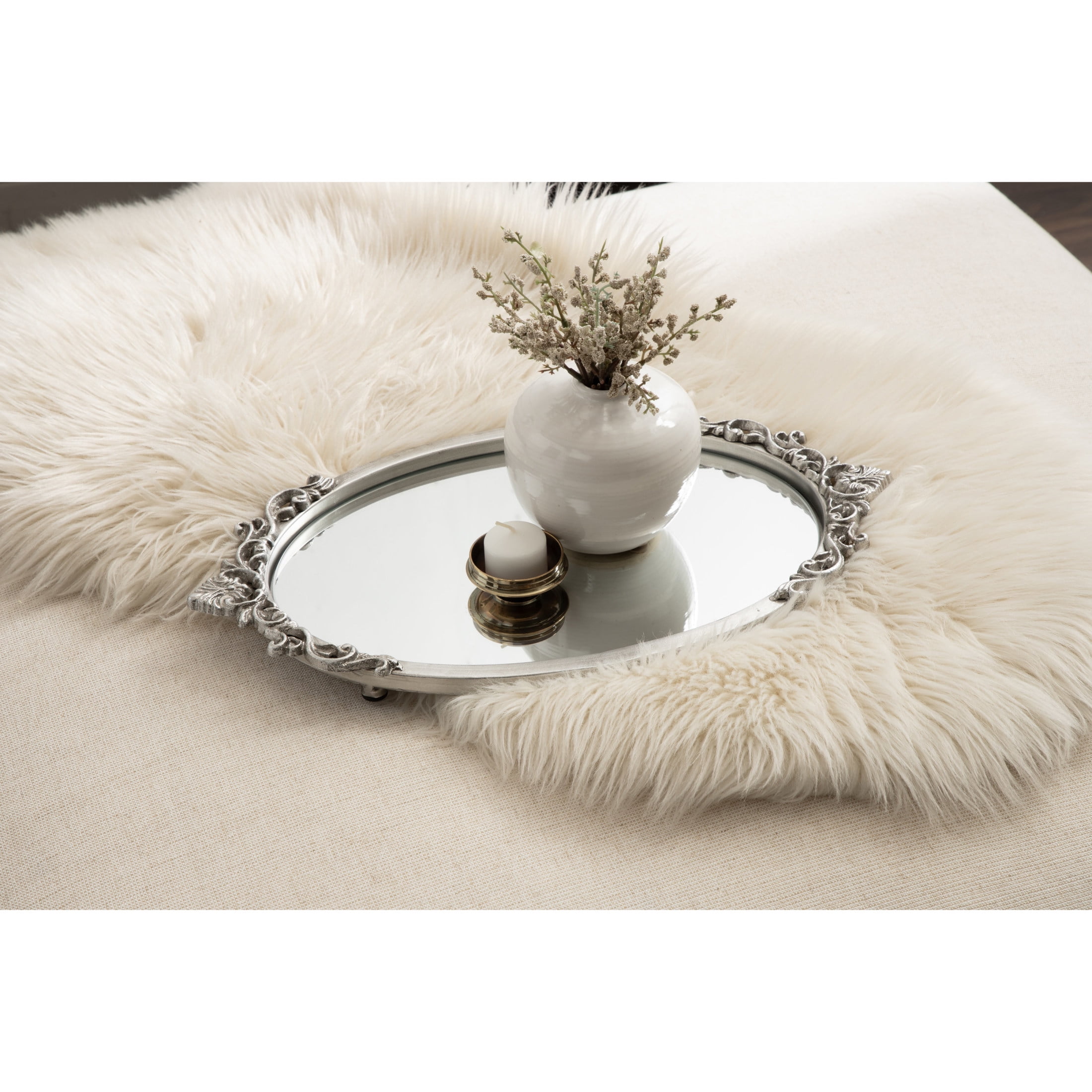 Antique Silver Oval Mirrored Decorative Tray with Ornate Detailing