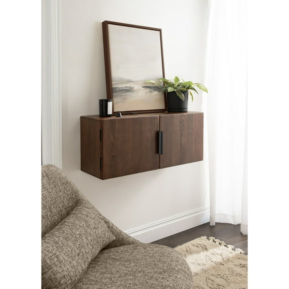 Kate and Laurel Atwood Modern Mango Wood Two-Door Wall Cabinet, 32 x 10 x 14, Walnut Brown, Decorative Storage Cabinet with Metal Pulls for Use as Floating Nightstand or Floating TV Shelf