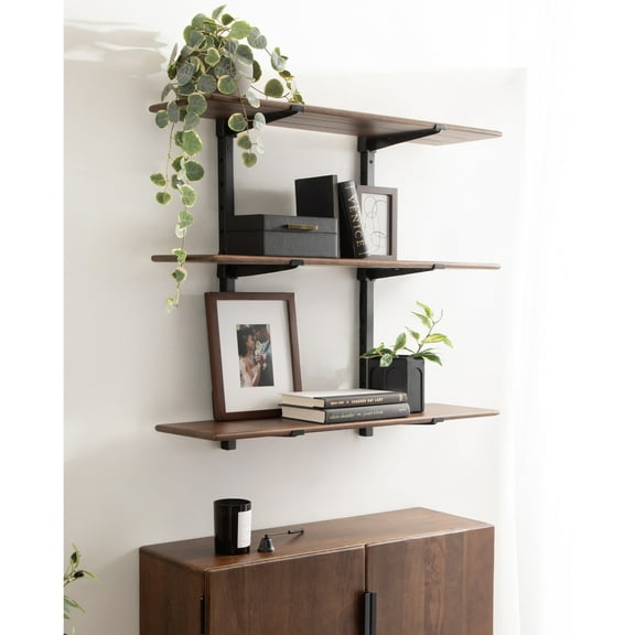 Kate and Laurel Atwood Three-Tiered Adjustable Mango Wood Wall Shelf, 32 x 10 x 30, Walnut Brown and Black, Modular Shelving Unit and Wall Organizer for Entryway Storage or Living Room Display Shelves