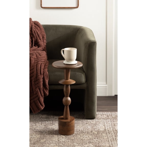 Kate and Laurel Avenal Modern Round Mango Wood Drink Table, 9 x 9 x 22, Walnut Brown, Mid-Century Mini Pedestal Table with Totem-Inspired Design for Indoor Plant Stand or Small Bedroom Nightstand