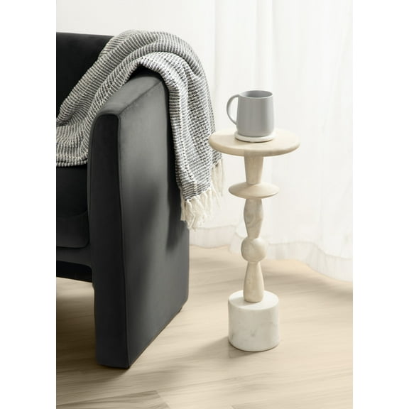 Kate and Laurel Avenal Modern Round Wood Drink Table, 9 x 9 x 22, Bleached Wood and White Marble, Boho Circle Mini Table with Marble Base for Use as Martini Table or Small Bedroom Nightstand Option