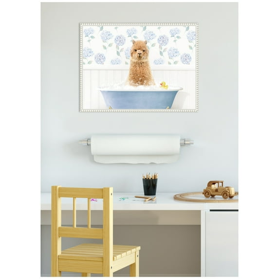 Kate and Laurel Baby Alpaca in Hydrangea Bubble Bathtub Framed Canvas Wall Art by Amy Peterson 24 x 18 Sylvie Beaded White, Whimsical, Animals, Bathroom Art for Wall Decor, Living Room, Bedroom