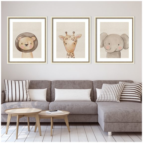 Kate and Laurel Baby Animal Portrait 3 Piece Framed Wall Art Print Set by The Creative Bunch Studio, Belmont Distress White Whimsical, Kid Art for Wall Decor