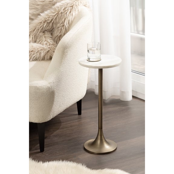 Kate and Laurel Baronet Glam Marble Round Drink Table, 10 x 10 x 22, White Marble and Antique Brass, Marble Top Circle Pedestal Table for Use as a Mini Side Table or a Plant Stand Indoors