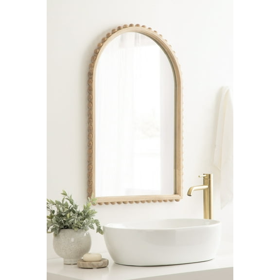 Kate and Laurel Beadbrook Modern Beaded Arched Mirror, 20 x 30, Natural Wood, Transitional Arch Wall Mirror for Use as Bathroom Mirror or Entryway Mirror Decor