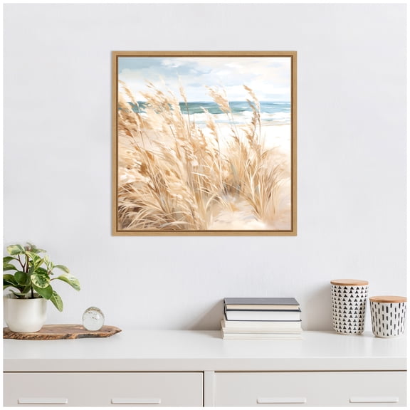 Kate and Laurel Beige Beach Grass Near Traquil Beach Framed Canvas Wall Art by The Creative Bunch Studio 22 x 22 Sylvie Natural, Coastal, Beach, Nature Art for Wall Decor, Living Room, Bedroom