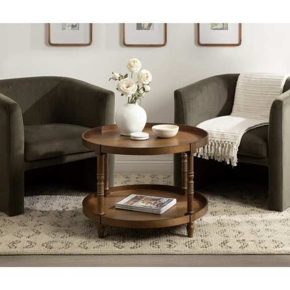 Kate and Laurel Bellport Tiered Round Coffee Table, 29 x 29 x 21, Rustic Brown, Traditional Two-Tier Circle Living Room Table with Storage and Resilient Wood Construction