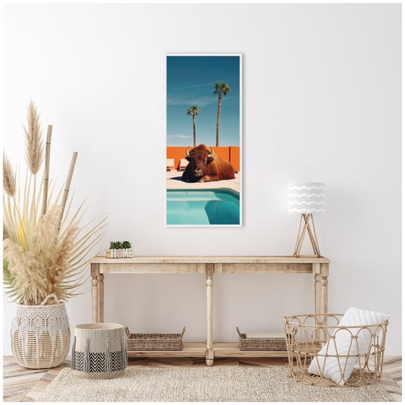 Kate and Laurel Bison Chilling by the Pool in California Framed Canvas Wall Art by Michael Schauer 18 x 40 Sylvie White, Coastal, Animals, Beach, Americana Art for Wall Decor, Living Room, Bedroom