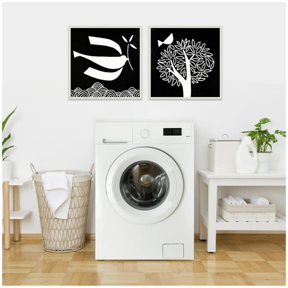 Kate and Laurel Black and White Linocut Birds  - set of 2 22x22 Framed Canvas Wall Art Set  by Giuliana Lazzerini, Sylvie Beaded White, Black & White, Animals, Abstract, Animals, Nature Art