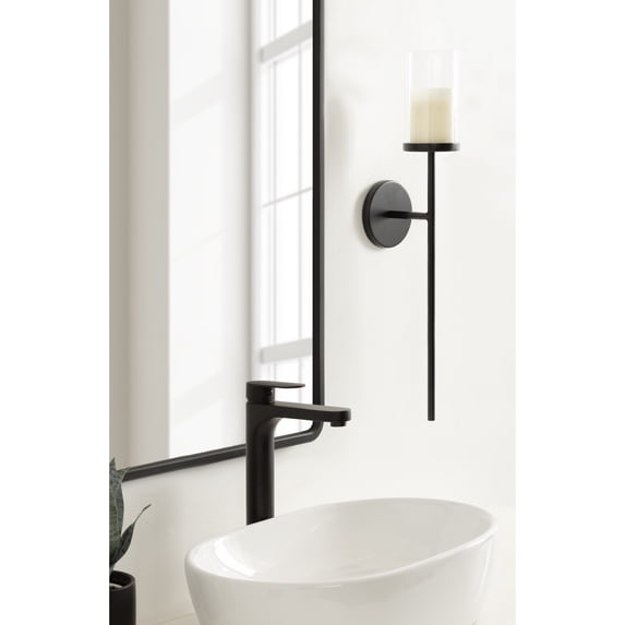 Kate and Laurel Blaise Transitional Metal Wall Sconce, 5 x 6 x 24, Black, Modern Round Candle Holder with Removable Glass Cylinder for Flameless Candles