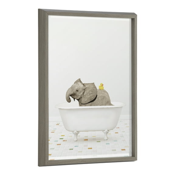 Kate and Laurel Blake Baby Elephant Bath Time with Rubber Ducky Framed Printed Glass Wall Art by Amy Peterson Art Studio, 18x24 Gray, Cute Animal Art for Wall