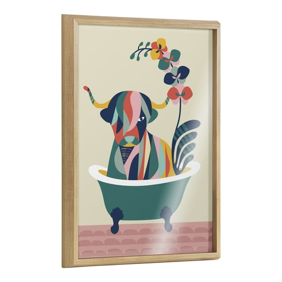 Kate and Laurel Blake Mid Century Modern Cow in Bathtub Framed Printed Glass Wall Art by Rachel Lee of My Dream Wall, 18x24 Natural, Decorative Colorful Animal Art