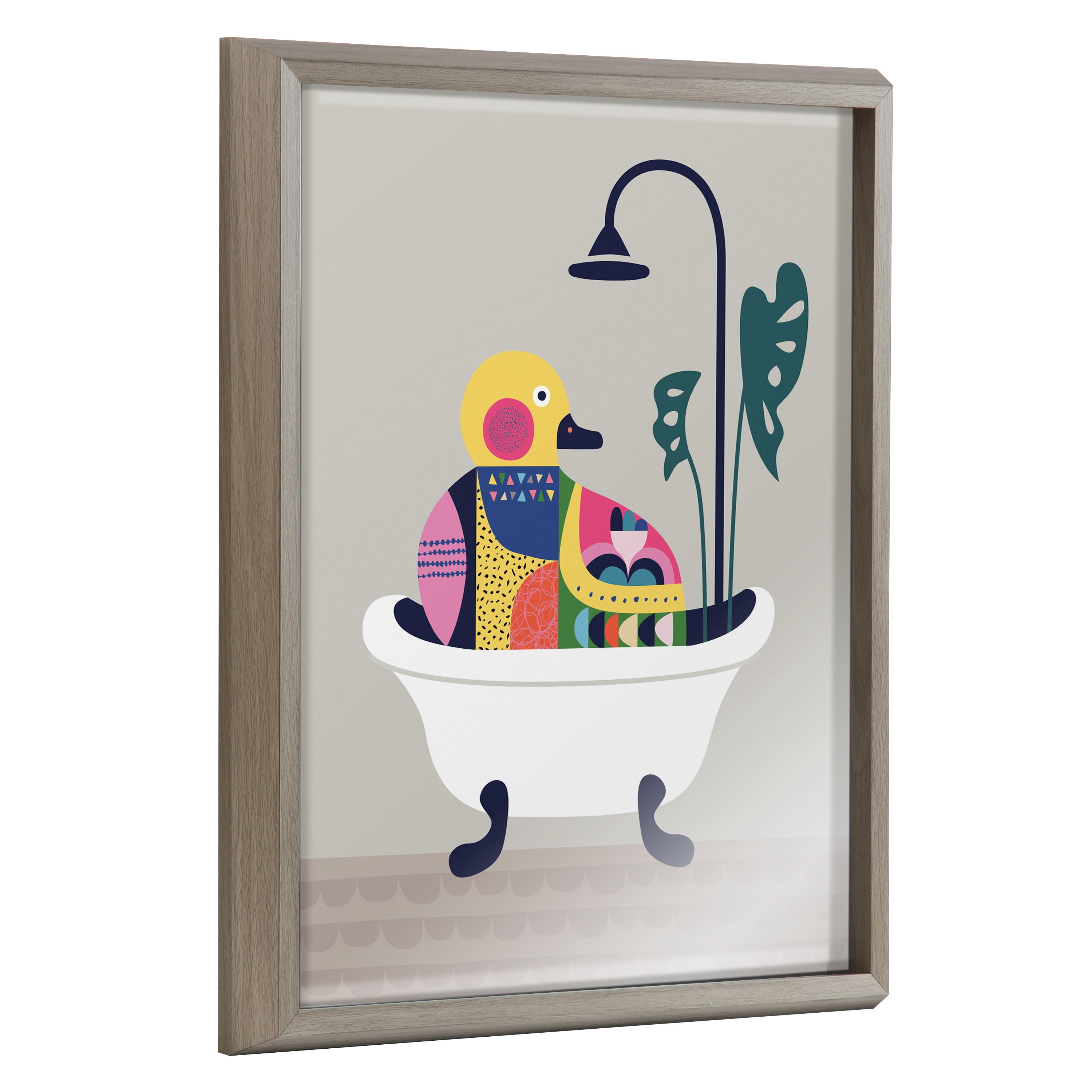 Kate and Laurel Blake Mid Century Modern Duckie in the Tub Framed Printed Glass Wall Art by Rachel Lee of My Dream Wall, 16x20 Graywash, Adorable Animal Art for Wall