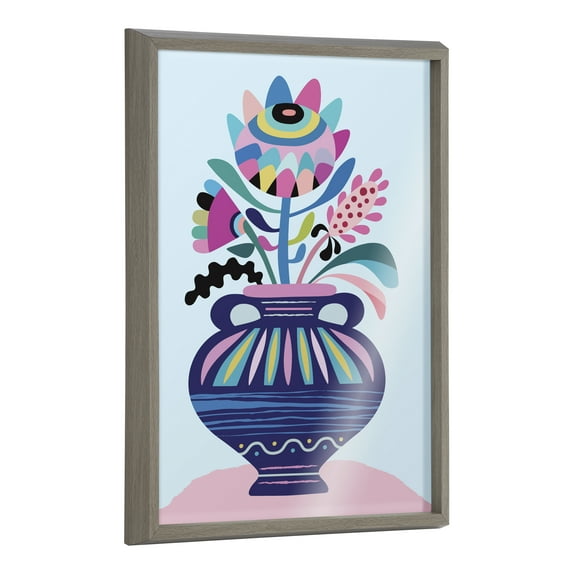 Kate and Laurel Blake Mid Century Modern Whimsical Floral Framed Printed Glass Wall Art by Rachel Lee of My Dream Wall, 18x24 Gray, Colorful Botanical Flower Art for Wall
