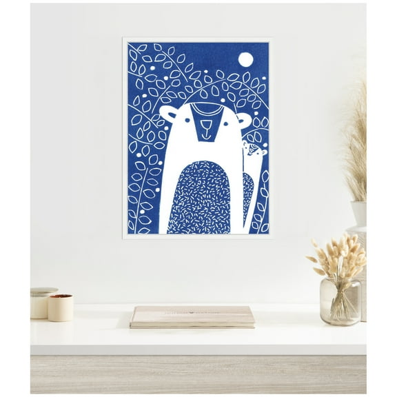 Kate and Laurel Blue Night Bears Linocut Framed Canvas Wall Art  by Guilana Lazzerini 18 x 24 Sylvie White, Whimsical, Animals, Nature Art for Wall Decor, Living Room Bedroom