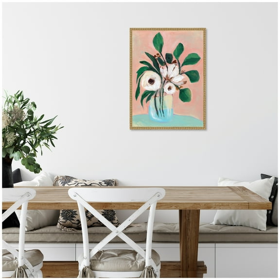 Kate and Laurel Blush in Bloom Framed Canvas Wall Art  by Nikita Jariwala 18 x 24 Sylvie Beaded Rustic Natural, Modern Contemporary, Flowers, Still Life Art for Wall Decor, Living Room, Bedroom