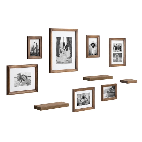 Kate and Laurel Bordeaux Gallery Wall Frame and Shelf Kit, Set of 10, Natural, Assorted Size Frames with Wood Finish and Three Display Shelves Included