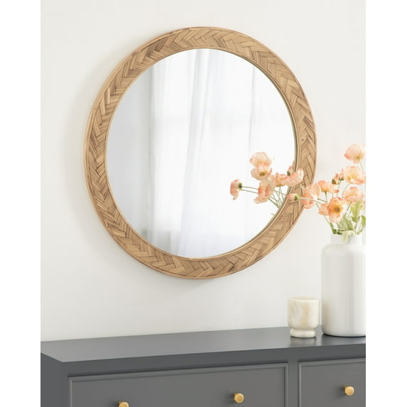 Kate and Laurel Braywood Modern Pieced Wood Round Mirror, 24 Inch Diameter, Rustic Brown, Decorative Circle Mirror for Use as Coastal Bathroom Mirror for Over Sink or Accent Bedroom Mirror