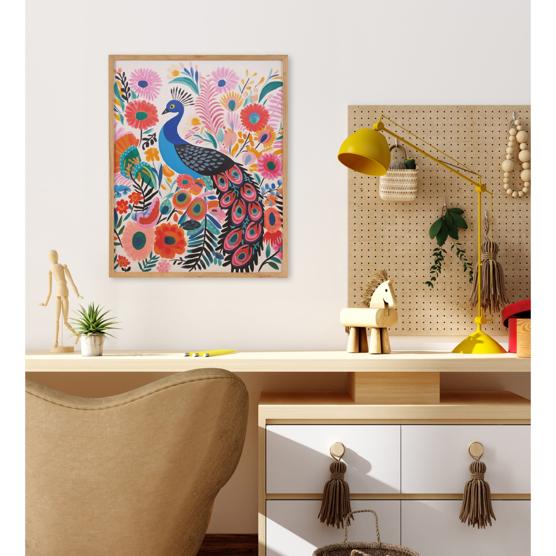 Bright Colorful Boho Peacock and Botanicals Print in Natural Wood Frame