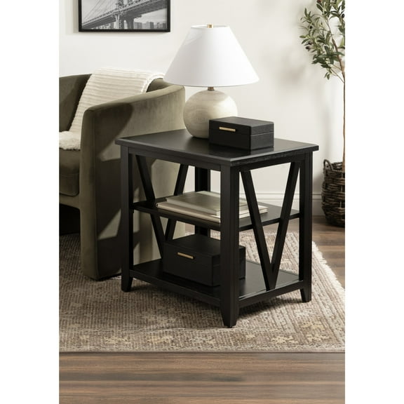 Kate and Laurel Broadbridge Modern Tiered Rectangle Side Table, 23 x 18 x 24, Black, Transtional Three-Tier Wooden Nightstand with Storage for Use as Living Room End Table
