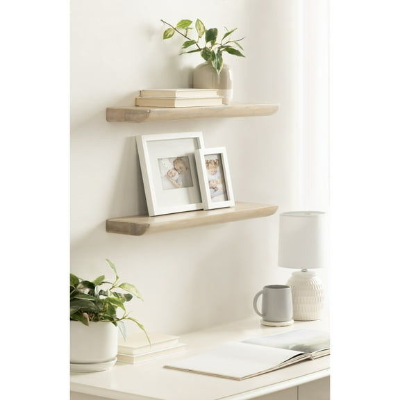 Kate and Laurel Burena Modern Curved Mango Wood Floating Shelves, Set of 2, 24 x 6, Light Natural, Functional Bathroom and Kitchen Shelves for Storage and Display