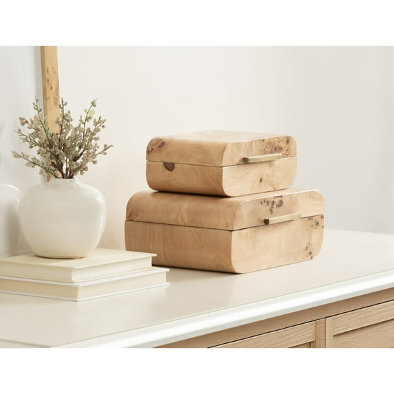 Kate and Laurel Burlock Decorative Burlwood Stacking Storage Box Set of 2, 10 x 8 and 8 x 6, Natural Wood, Modern Glam Two-Piece Box Set with Handles for Use as Jewelry Boxes or Perfume Organizers