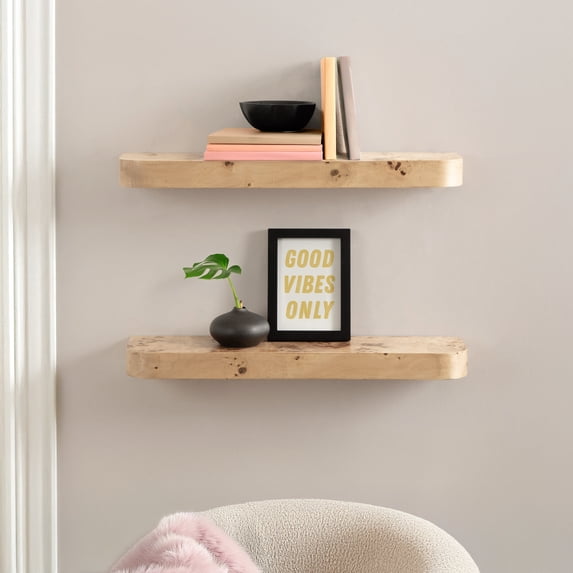 Kate and Laurel Burlock Modern Burlwood Floating Shelves, Set of 2, 24 x 6, Burlwood, Transitional Functional Kitchen or Bathroom Shelves for Above Toilet Storage or Dorm Room Display