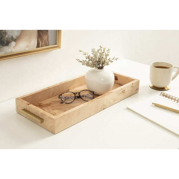Kate and Laurel Burlock Modern Decorative Burlwood Rectangle Tray with Handles, 8 x 19, Natural Wood and Gold, Transitional Rectangular Tray for Use as Entryway Tray Decor or Ottoman Serving Tray