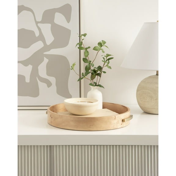 Kate and Laurel Burlock Modern Decorative Burlwood Round Tray with Handles, 15 x 15, Natural Wood and Gold, Transitional Circle Tray for Use as Entryway Tray Decor or Ottoman Serving Tray