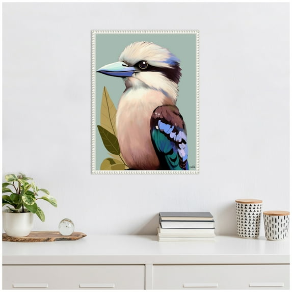 Kate and Laurel Burrill Kookaburra Framed Canvas Wall Art by Inkheart Designs 18 x 24 Sylvie Beaded White, Modern, Animals, Nature Art for Wall Decor, Living Room, Bedroom