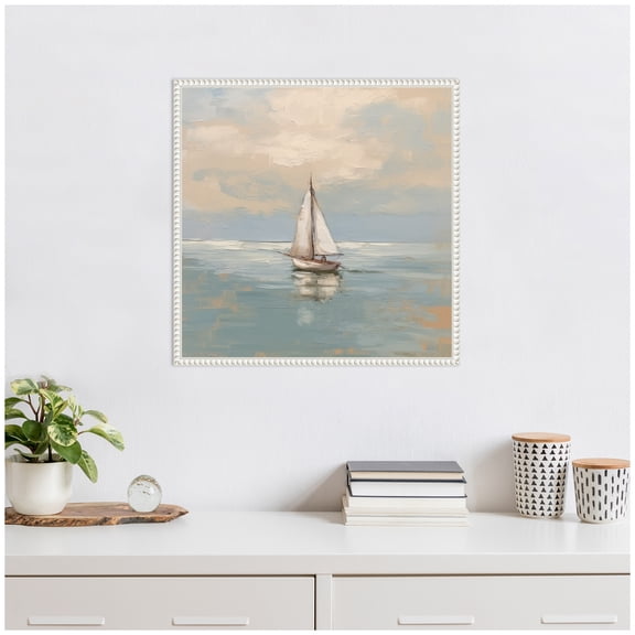 Kate and Laurel Calm Pastel Sailboat Landscape Framed Canvas Wall Art by The Creative Bunch Studio 22 x 22 Sylvie Beaded White, Coastal, Beach, Landscapes Art for Wall Decor, Living Room, Bedroom