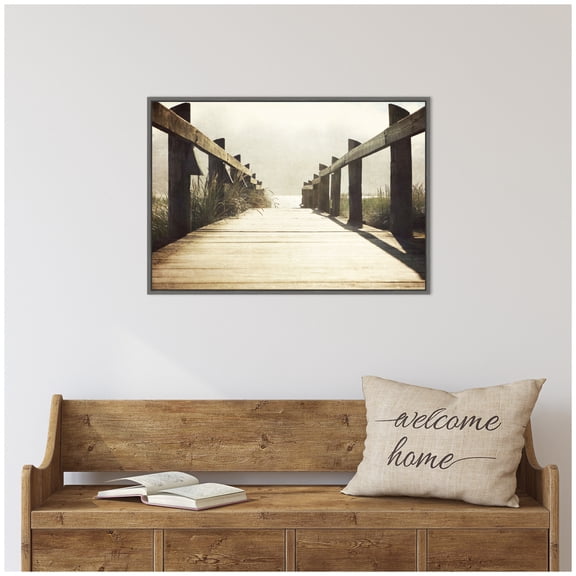Kate and Laurel Cannon Beach Wood Walkway Framed Canvas Wall Art by Saint and Sailor Studios 33 x 23 Sylvie Dark Grey, Rustic Farmhouse, Beach, Landscapes, Nature Art for Wall Decor, Living Room