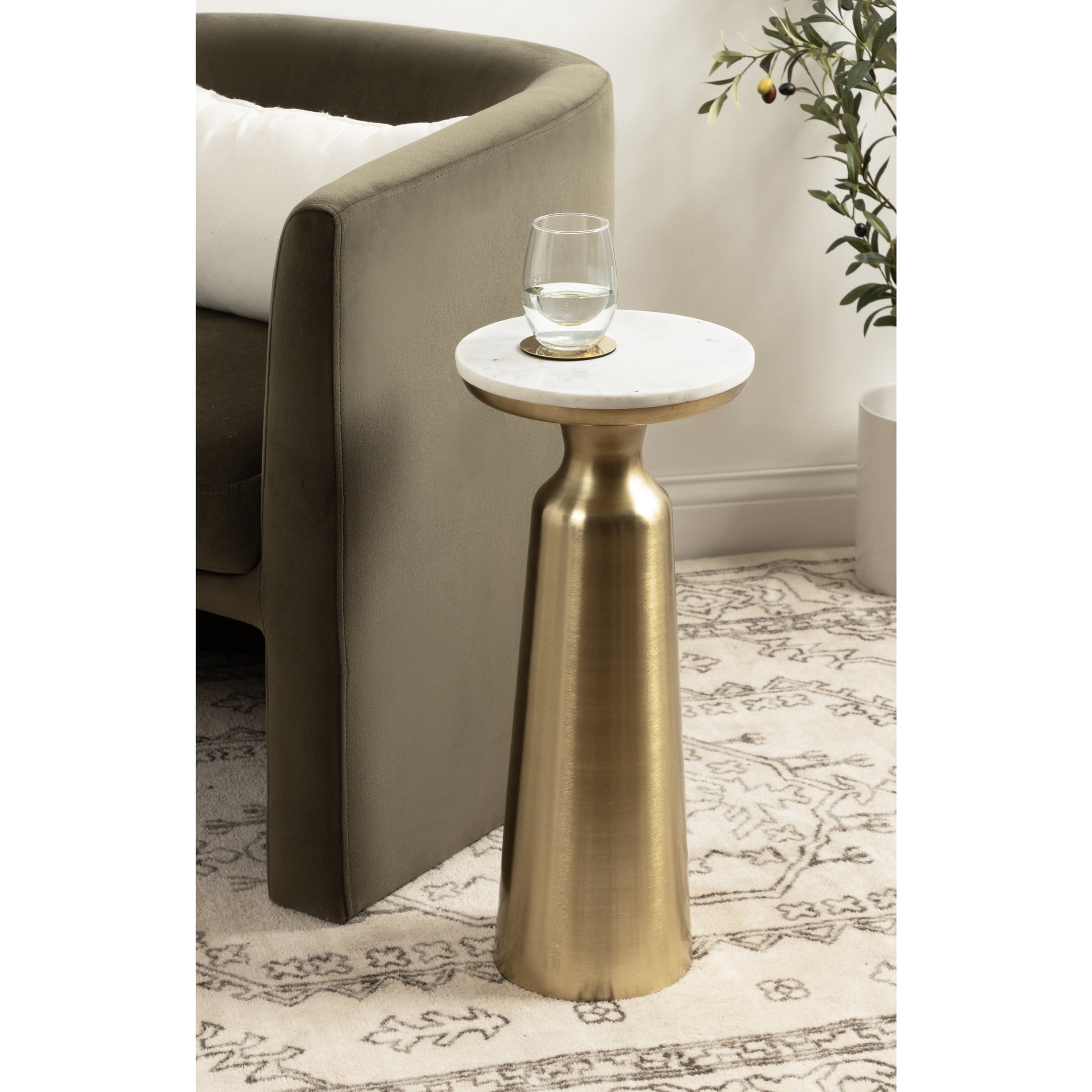 Kate And Laurel Tira Round Side Table - 14" Diameter, 24" Tall, White Marble & Gray Iron Pedestal Nightstand